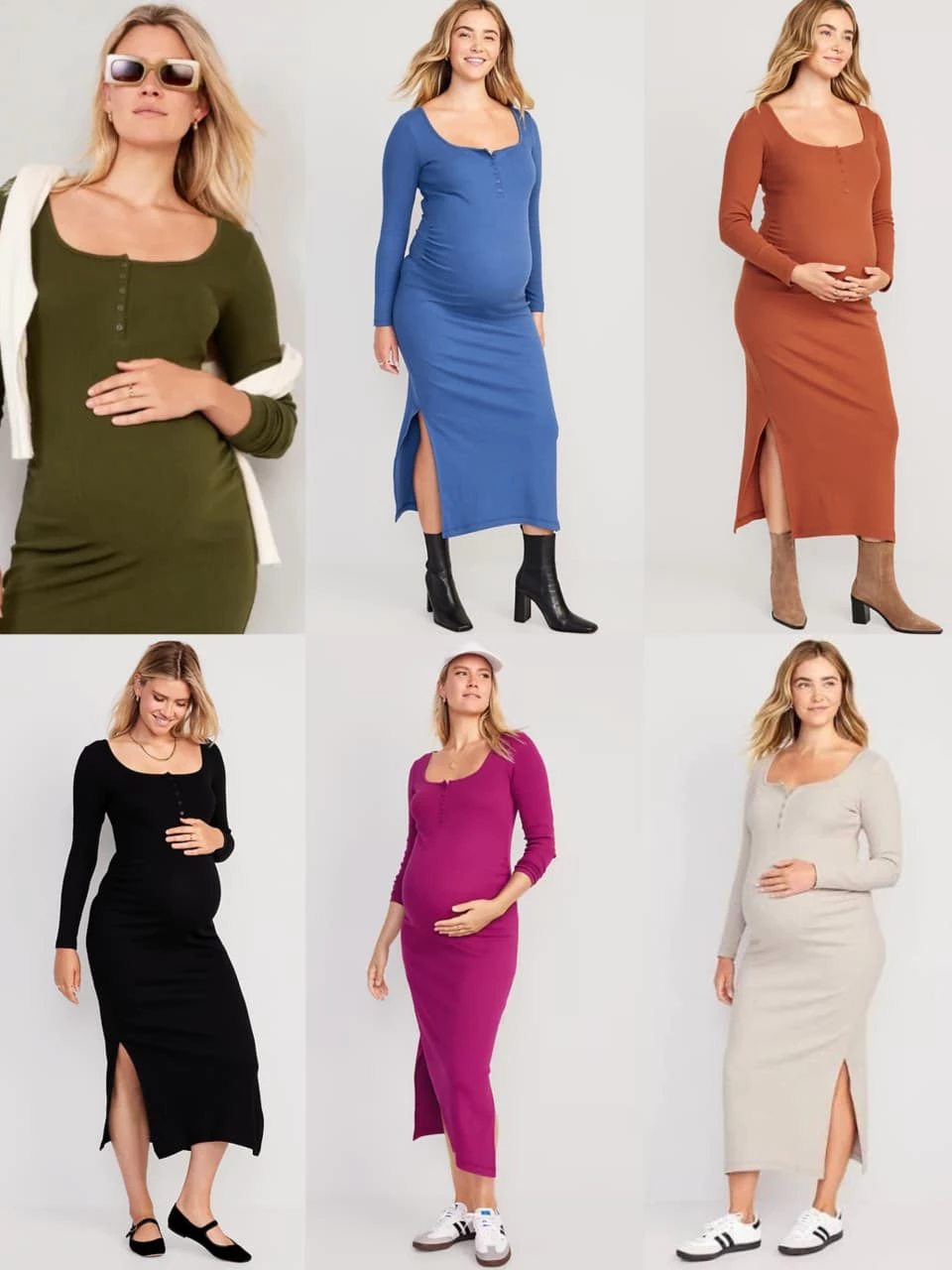 Midi Dress OLN Long-Sleeve Henley Midi Ribbed - Dress Lengan Panjang - 2367