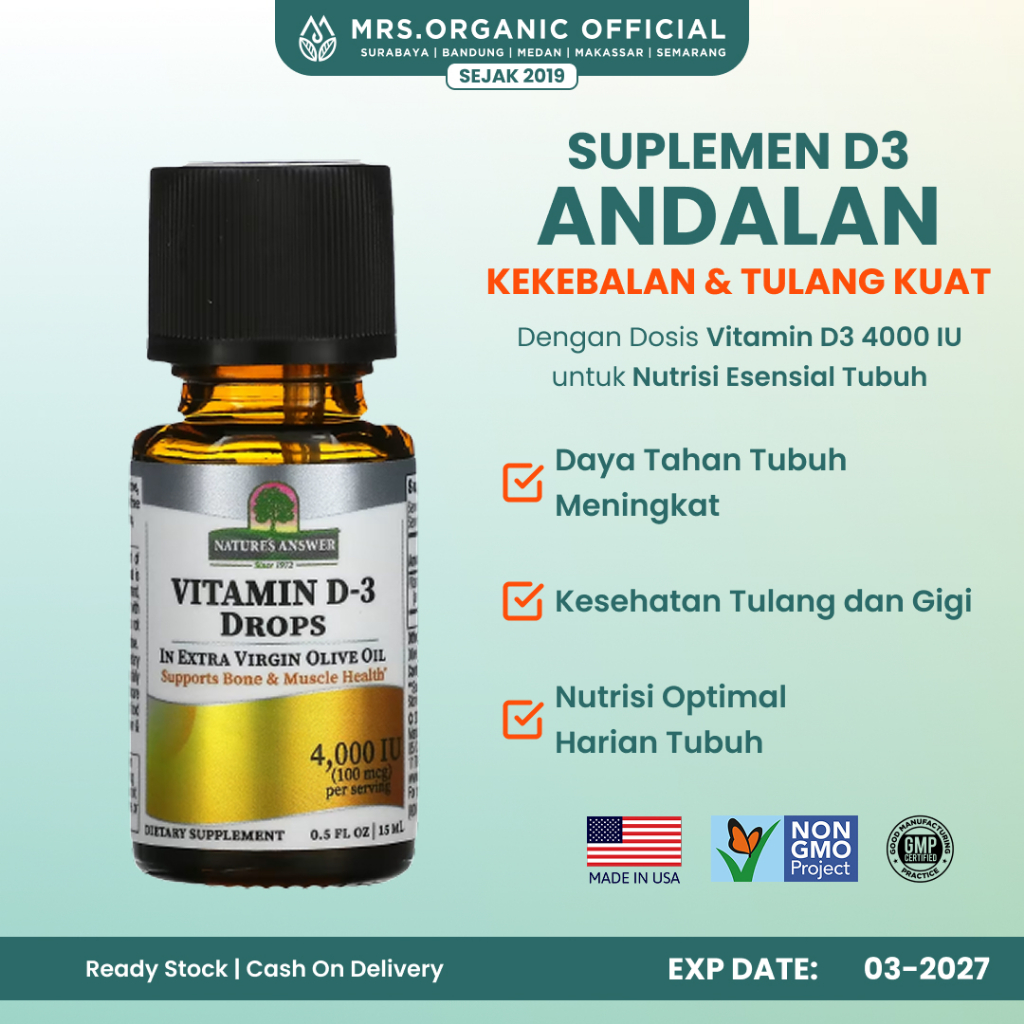 Jual Suplemen Vitamin D3 D 3 Drops 4000 IU Natures Answer 15ml | Shopee ...