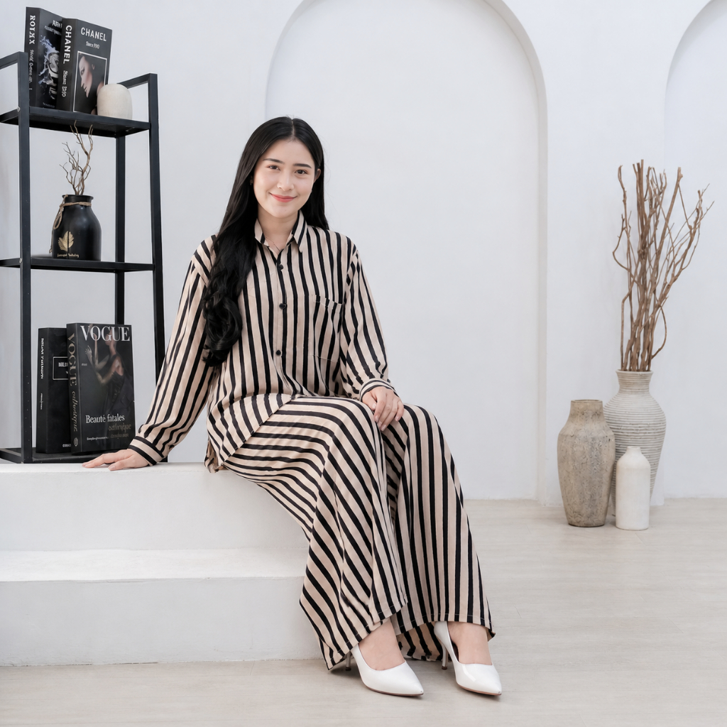 Salur Setelan Kemeja & Celana Garis Elegan 3