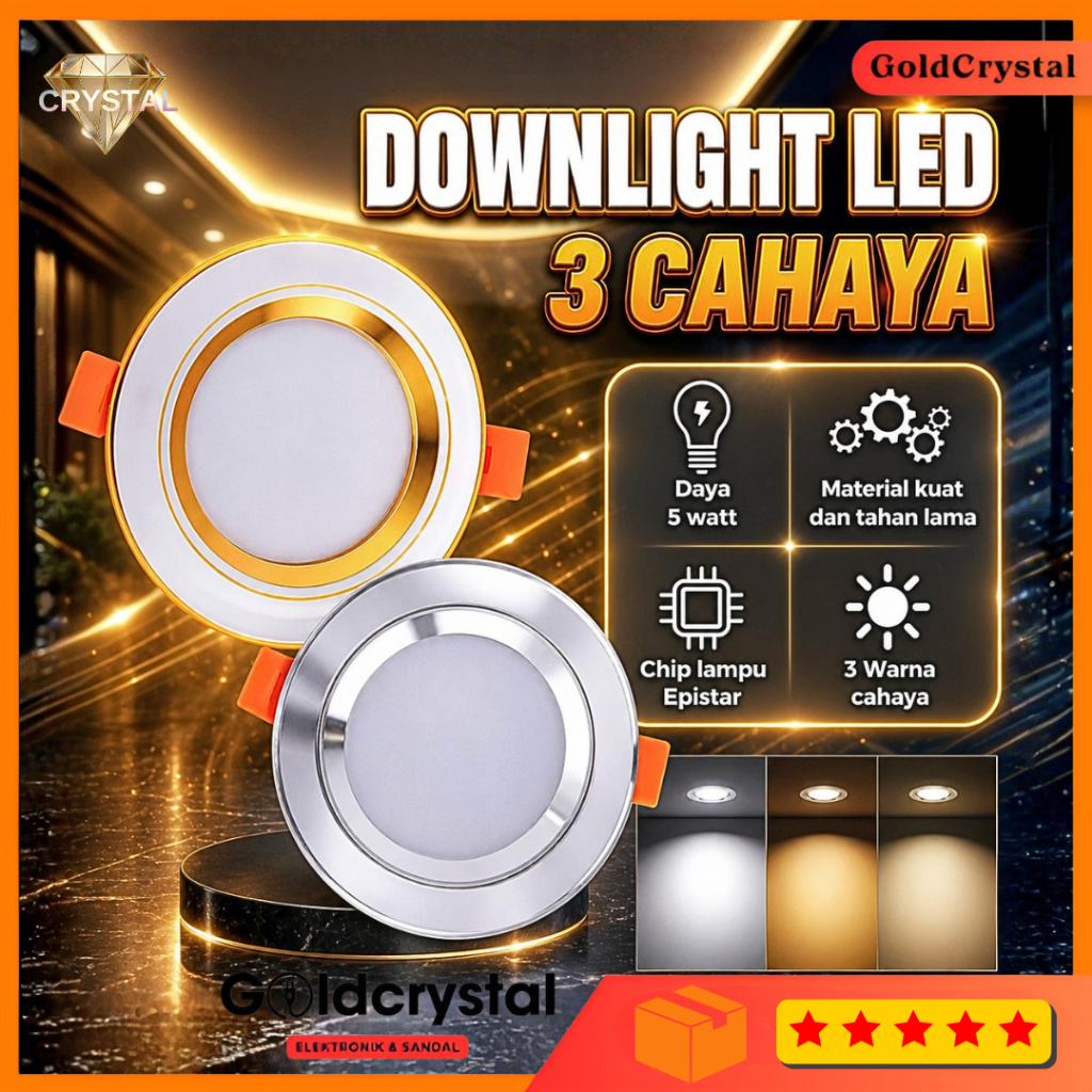 Lampu Downlight LED 5W Gold Dan Silver 220V 3 Warna Lampu Plafon