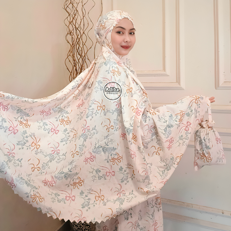 Adiba Mukena Dewasa Motif Pita Terbaru Resleting Katun Premium