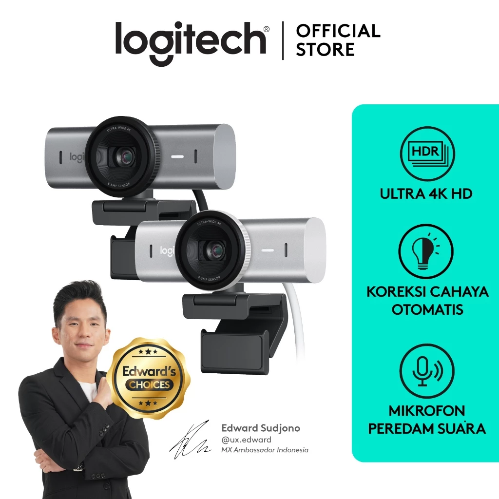 Logitech MX Brio Webcam Streaming & Kolaborasi dilengkapi dengan Ultra HD 4K, 1080p pada 60 FPS, Mikrofon Noise Reduction Ganda dan Show Mode