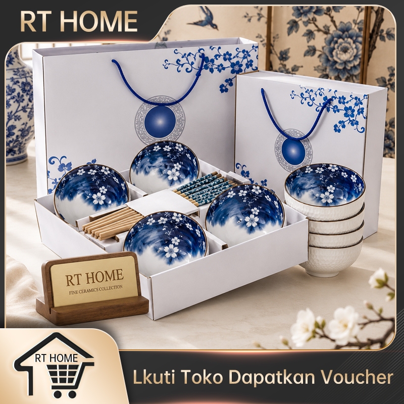 RT HOME Souvenir mangkuk set porselen biru dan putih bermutu tinggi mangkuk keramik kotak hadiah mangkuk Jepang kado pernikahan mangkok Mangkok Keramik-B