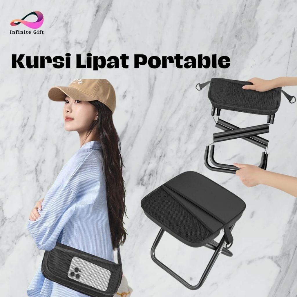 Kursi Lipat Portable Mini | Bangku Lipat Outdoor Ringan | Tali Selempang Beban 120KG untuk Camping, Memancing, Travelling, Piknik