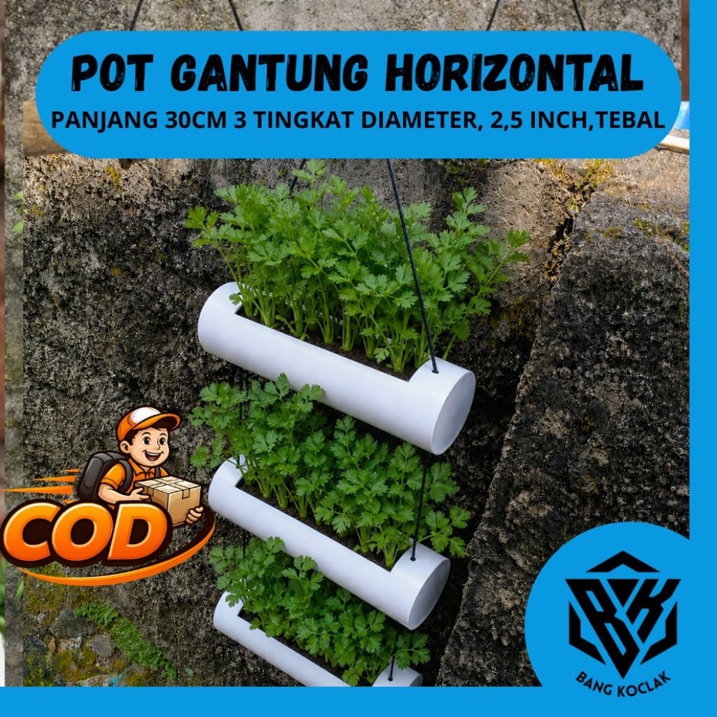 Pot Horizontal PVC 2,5Inch 30cm - Pot Gantung Strawberry & Sayur Hidroponik Tebal Type D, pot tower pot dinding sayuran, pot tanaman pot bunga