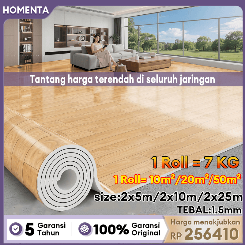 Homenta Karpet Lantai Vinyl Gulungan Tebal 1.5 mm Panjang 2 m x Lebar 5/10/25 m Vinyl Lantai Dikirim Dalam Bentuk Roll Berlaku untuk berbagai lantai