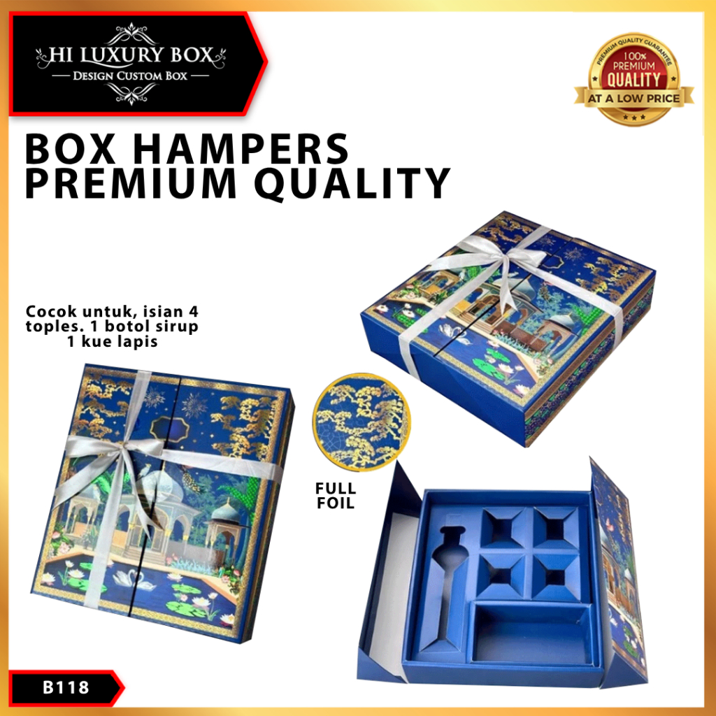 HILUXURY Box Paket Hampers Kue Lebaran B118 Premium Quality Full Foil Parcel Idul Fitri untuk 4 Toples 1 Botol Sirup dan 1 Kue Lapis