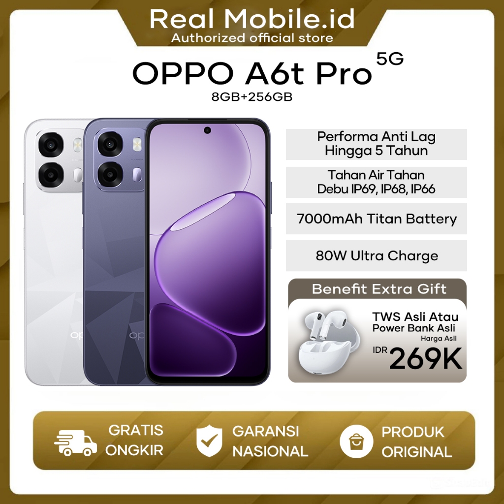 OPPO A6t Pro 8/128GB (8GB+8GB Extended RAM) 7000mAh Baterai Garansi Resmi Indonesia HP Android Murah