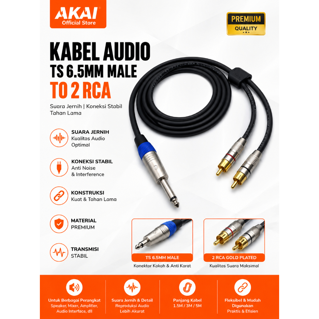 Jual Kabel Audio RCA to Jack 6.5mm TS Male Splitter 2 RCA ke 6,5mm ...