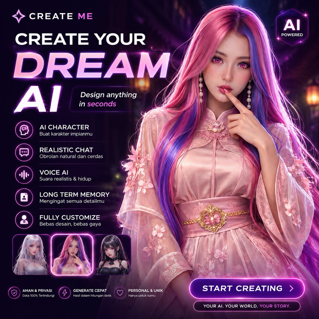 ••[~LIMITED STOCK~]•• AI Image Creator NFSW | Best For UMKM OLSHOP | Unlimited 4K CreateMe AI  Buat Teman AI dan Karakter | Gambar Tanpa Prompt Ribet, Voice & Editing AI, Support HP Laptop Tablet, Cocok Konten Creator, Desain Grafis Banner Online Shop