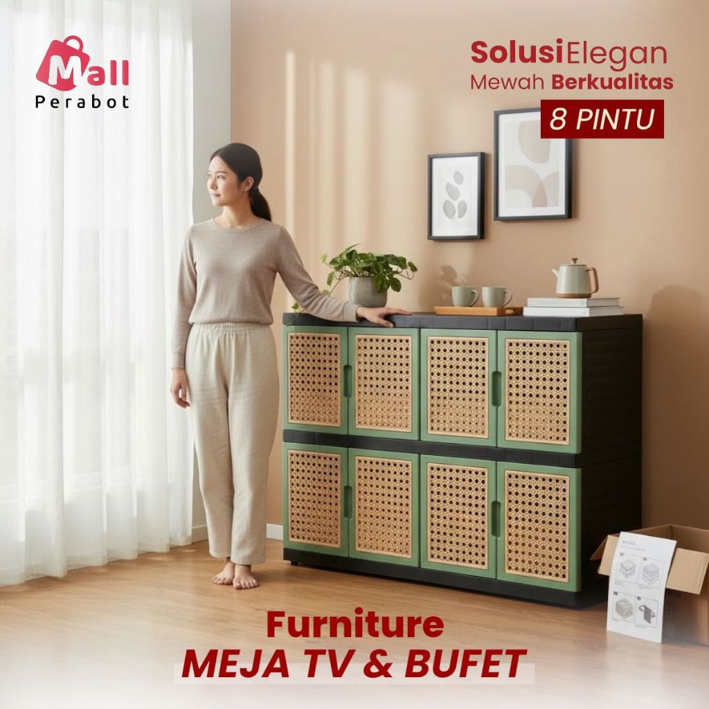Mall Perabot | Meja TV Bufet Plastik 8 Pintu Motif Rotan Estetik Japandi Lemari Kabinet Serbaguna Anti Rayap Jamur