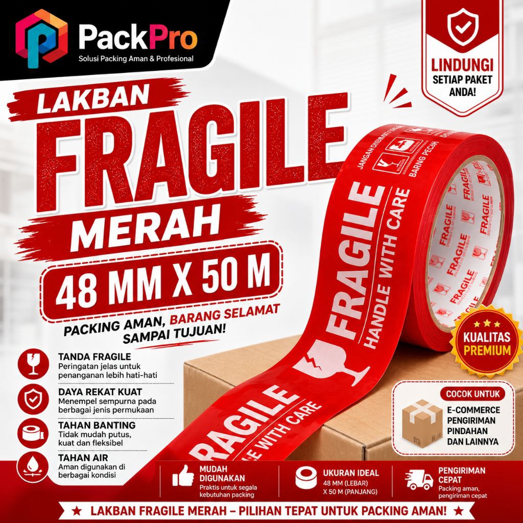 Jual Lakban Fragile Merah 48mm x 50m PackPro – Packing Aman Anti Pecah ...