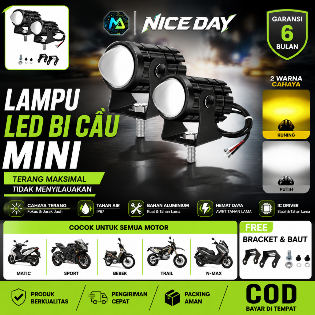 Lampu Tembak Motor Super Terang IP67 Waterproof 12 Volt LED  Cocok Untuk Semua Motor