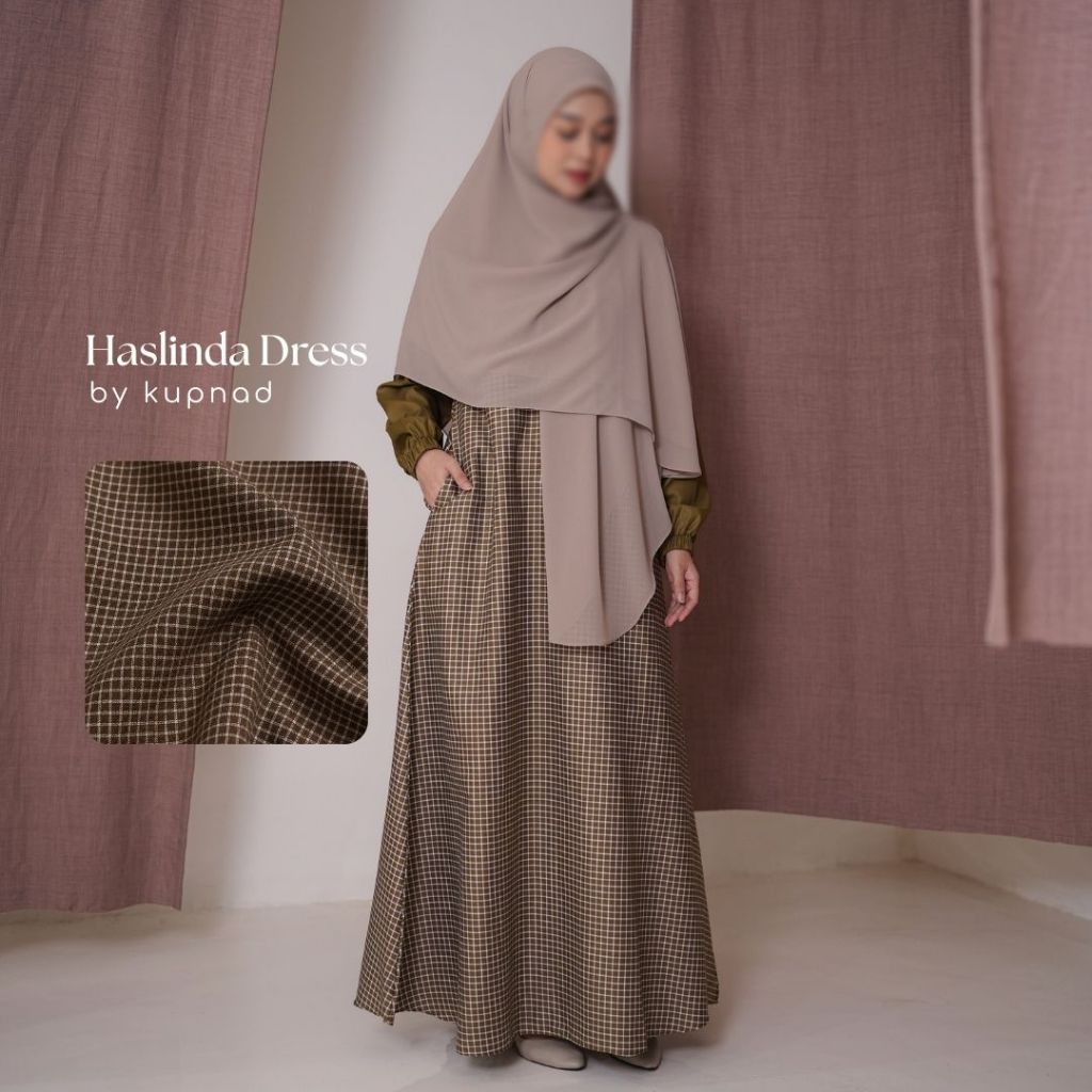 Gamis katun jepang Motif Kotak elegan busui Friendly Adem, Modern & Nyaman | Haslinda Dress by KUPNAD