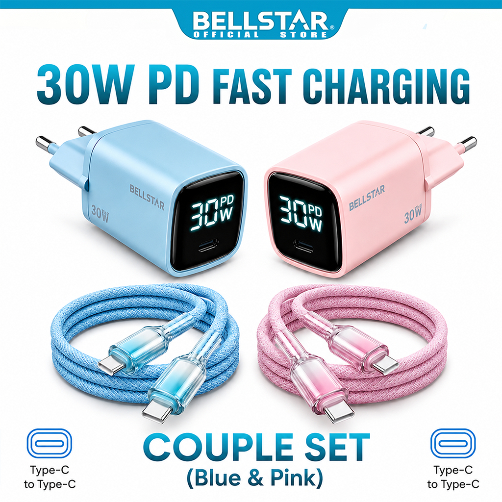 Bellstar Charger Type C PD 30W Fast Charging Set Couple Biru Pink Aesthetic Kabel iPhone 15 Samsung Paket Adaptor Layar Digital dan Kabel Type C to Type C 60W USB C PD Braided Nylon untuk HP Android Xiaomi Redmi Infinix Oppo Vivo Realme Tablet Powerbank