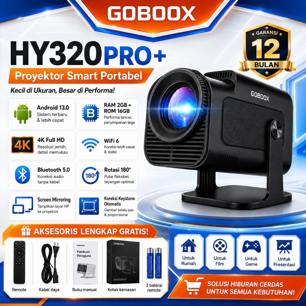 GOBOOX HY320PRO+ Smart Proyektor Android 13.0 2+16G 4K Full HD WiFi6 YouTube Netflix Infocus Proyektor Mini MirrorLink Bluetooth 5.0 Auto Keystone LCD 400 ANSI With Speaker HiFi - foto 1