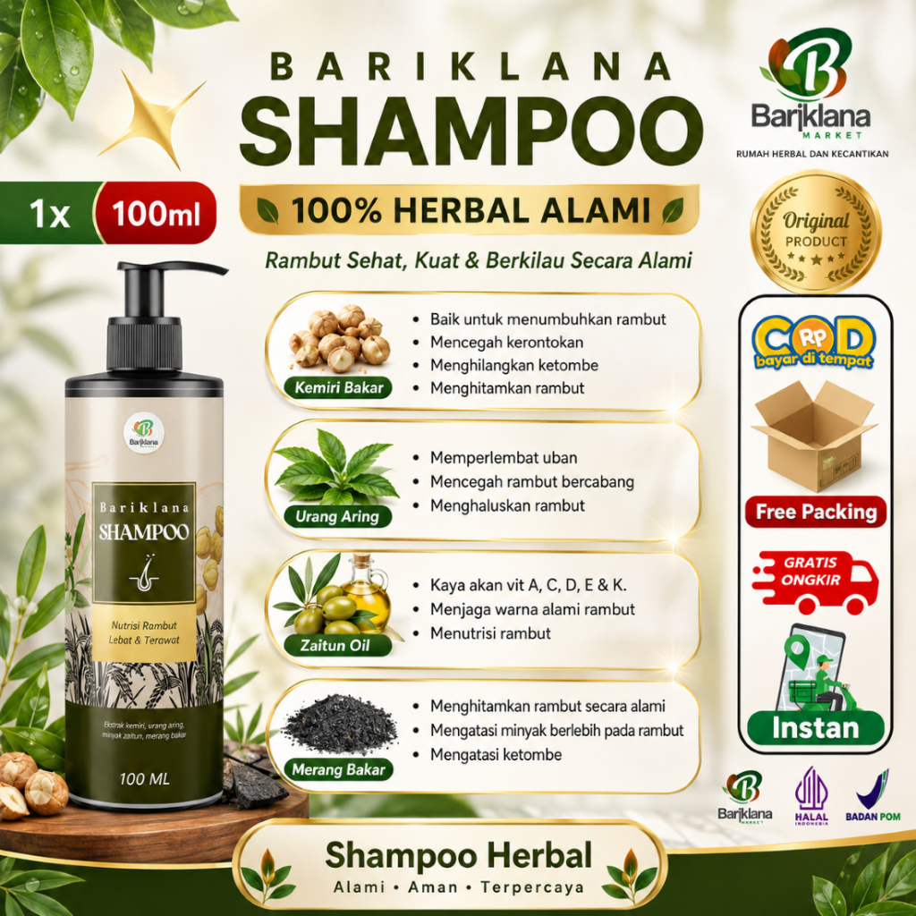 Shampo Herbal Non-SLS Bariklana Mengatasi Rambut Rontok, Uban & Menghitamkan Rambut Alami BPOM Halal
