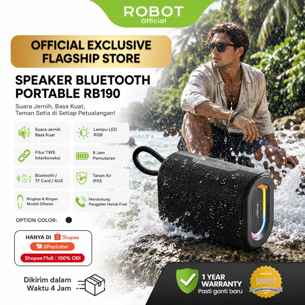 Jual ROBOT RB190 Speaker Bluetooth 1200mAh 6.0 Portable Powerful Bass ...
