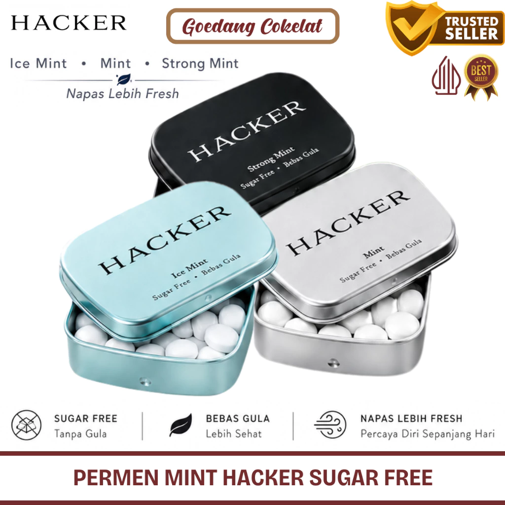 Hacker Permen Mint Sugar Free kemasan kaleng praktis varian Ice Mint, Mint, dan Strong Mint