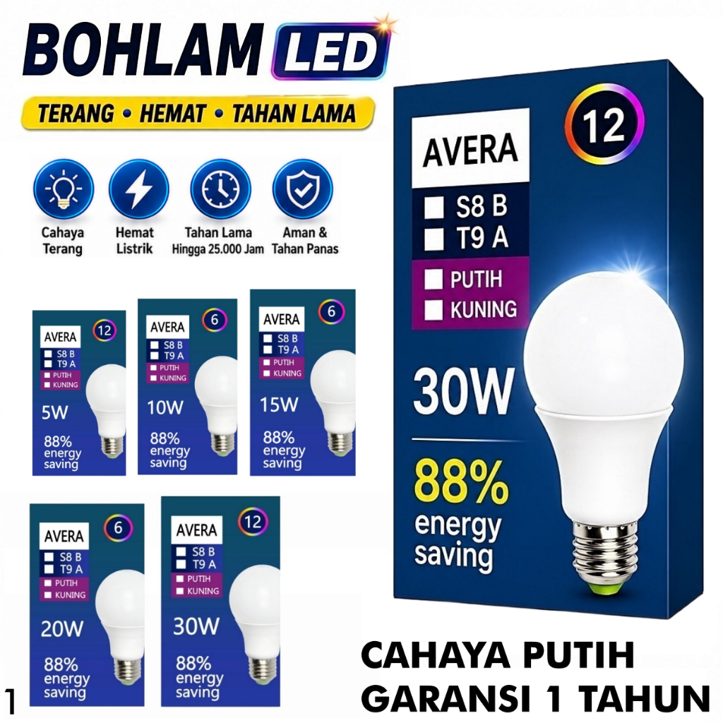 Lampu Bohlam Led 5 Watt 10 Watt 15 Watt 20 Watt 30 Watt Putih Kuning Bulb E27