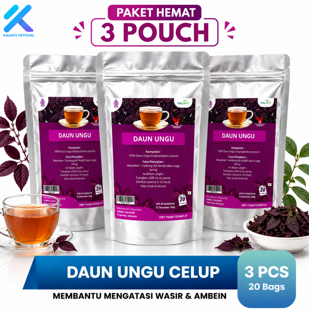 PAKET 3 POUCH Teh Daun Ungu Celup Kalafit Obat Ambeyen dan Wasir Teh Celup Daun Ungu Untuk Ambeyen Benjolan Wasir