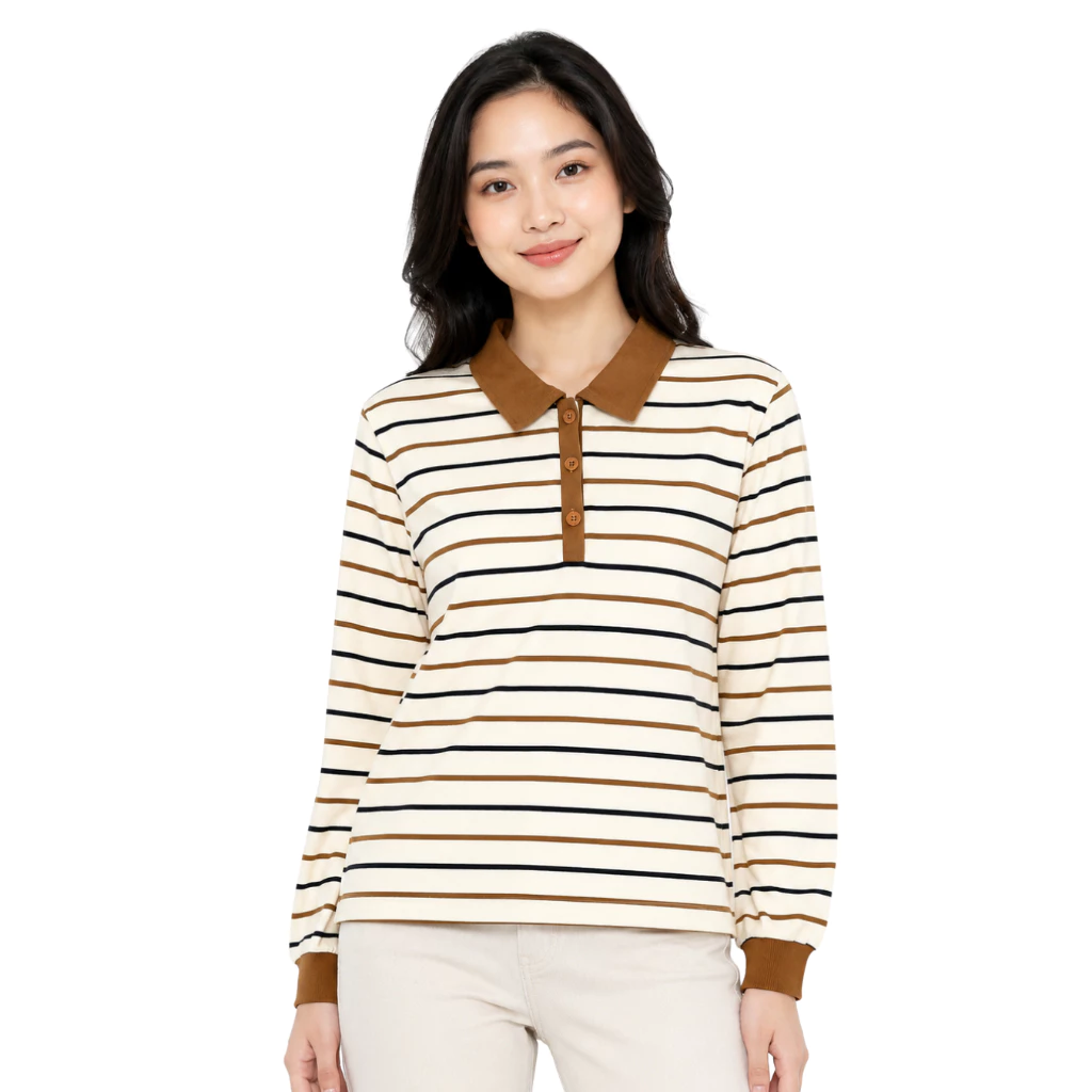 dailyofprincess Reva Kaos Polo Stripe Lengan Panjang Wanita Bahan Katun Adem Kasual Outfit Korean Style Atasan Wanita Kekinian