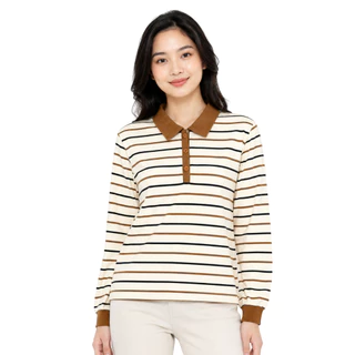 dailyofprincess Reva Kaos Polo Stripe Lengan Panjang Wanita Bahan Katun Adem Kasual Outfit Korean Style Atasan Wanita Kekinian