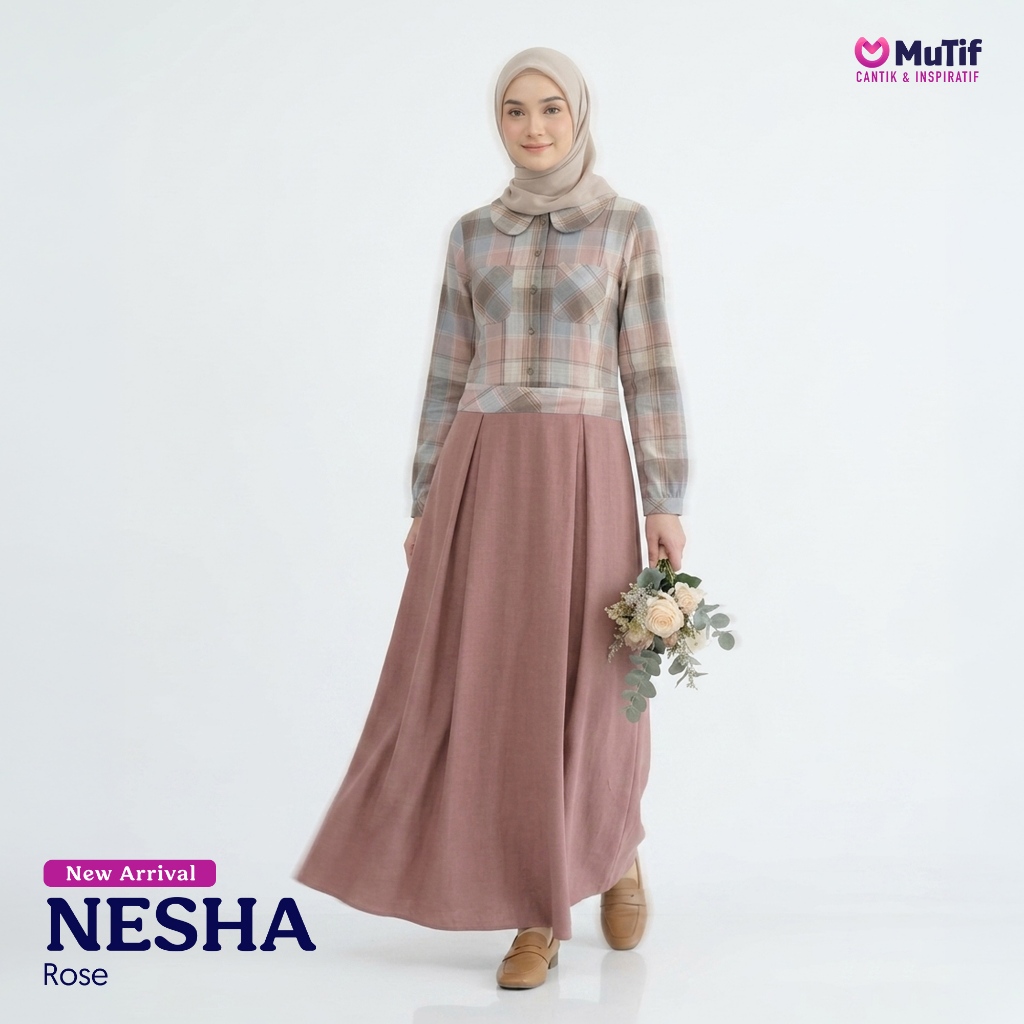 MUTIF Gamis Dewasa Nesha Kombinasi Cotton Yarndyed Motif Kotak Elegan Warna Soft Cantik