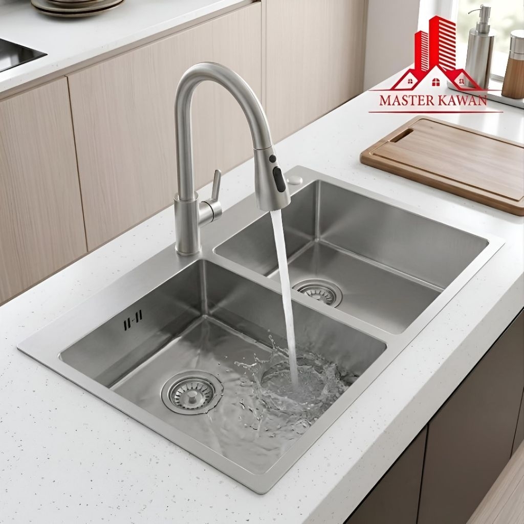 Paket Kitchen Sink HANDMADE 8245 STAINLESS + KRAN TARIK FLEKSIBEL SUS 304/ Bak Cuci Piring 2 Lubang Stainless 8245