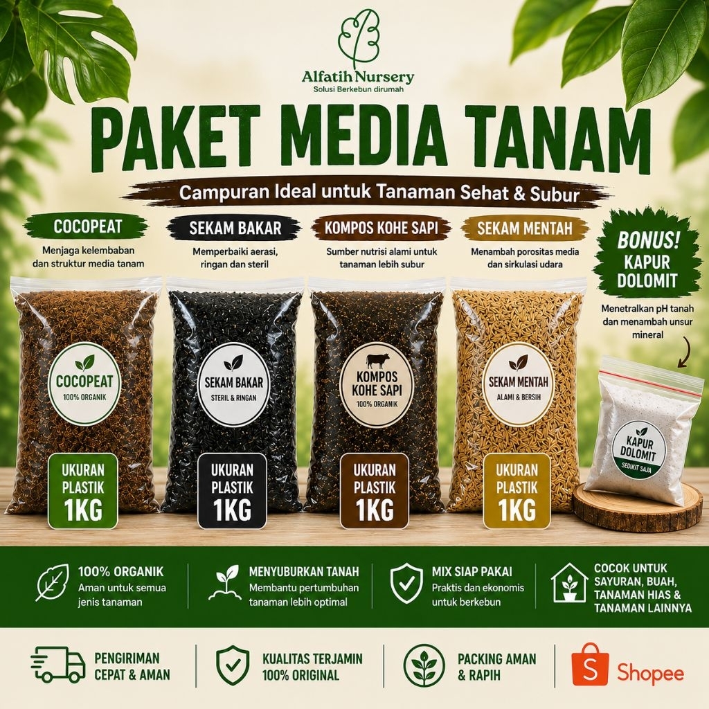 Paket Media Tanam Lengkap Cocopeat, Sekam bakar, Kohe sapi, sekam mentah Bonus Kapur Dolomit