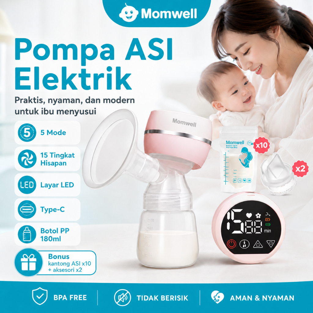 Momwell Pompa ASI Electric Tanpa Kabel Otomatis Portabel Alat Pumping ASI Bayi Baru Lahir Hisap Kuat