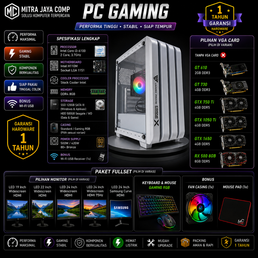 Jual PC Gaming Fullset i3-6100 | GTX 750 Ti | RAM 8GB | HDD 500GB