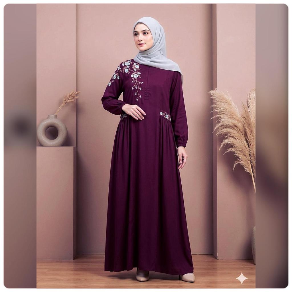 Arni busana - Davina gamis bordir rayon twill adem elegan nyaman pilihan terbaik Cantik Busui friendly wudhu friendly A-line cocok untuk segala aktifitas