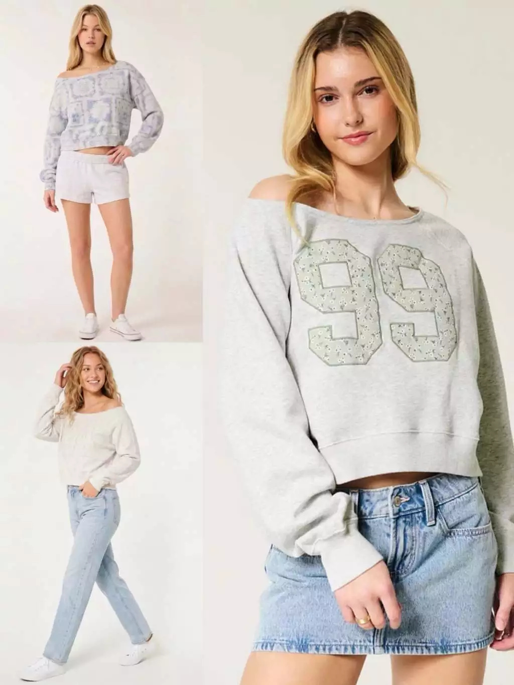 Sweater Model Semi-Crop Wanita HLS Women's Easy Off-the-shoulder Graphic Crew Sweatshirt - 2569