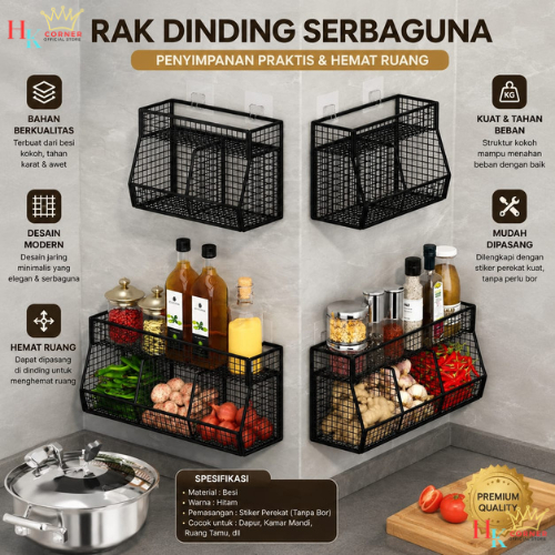 HK Rak Bumbu Dapur Tempel Dinding Rak Keranjang Jaring Tempat Penyimpanan Bawang Dan cabe