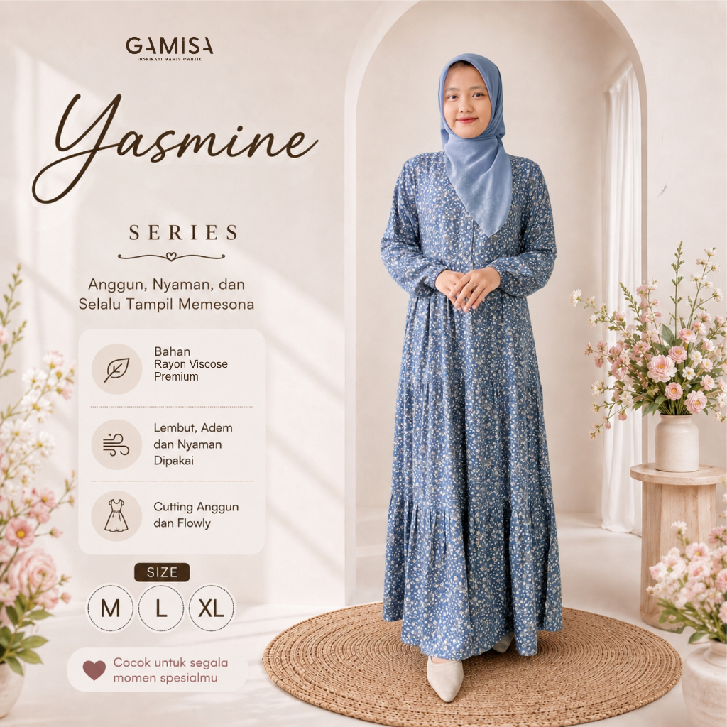 Gamis Dewasa Motif Yasmine Series By Gamisa.Id - Bahan Rayon Viscose Gamis Adem Nyaman Bisa COD