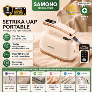 SAMONO Setrika Uap Baju Portable Garment Steamer Lipat Handheld Steam Iron 1200 Watt Setrika Uap Travel Keramik Anti Lengket Layar LED 6 Mode Setrika Tangki Air 200ml Uap Kuat 22g Menit Sterilisasi Pakaian Garansi Resmi GSG200