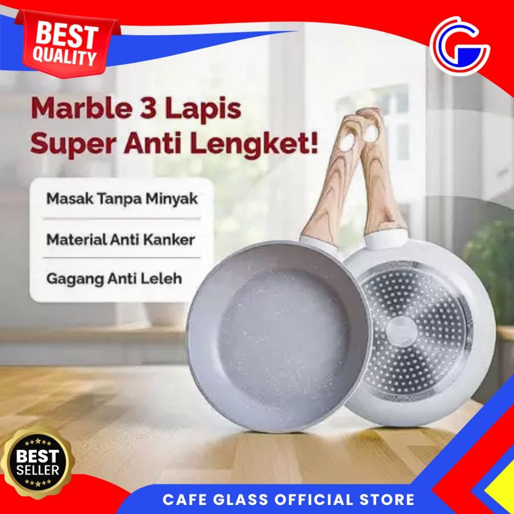 Fypan Anti Lengket Premium - Cypruz Light Marble - Gagang Kayu - Penggorengan