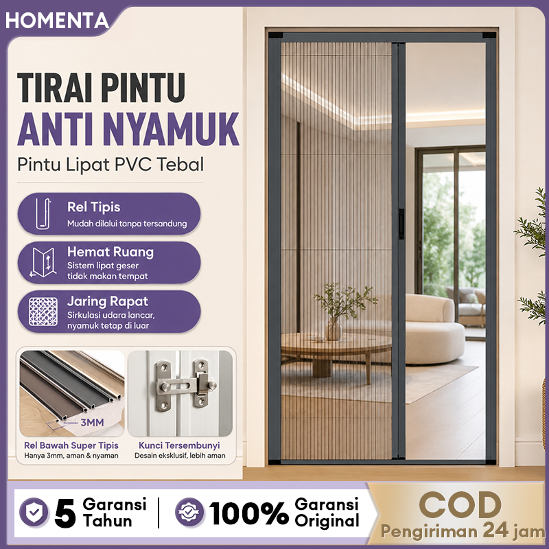 Homenta Tirai Pintu Magnet Anti Nyamuk Pintu Lipat PVC Tebal Kasa Serangga Rel Geser Kamar Dapur Balkon