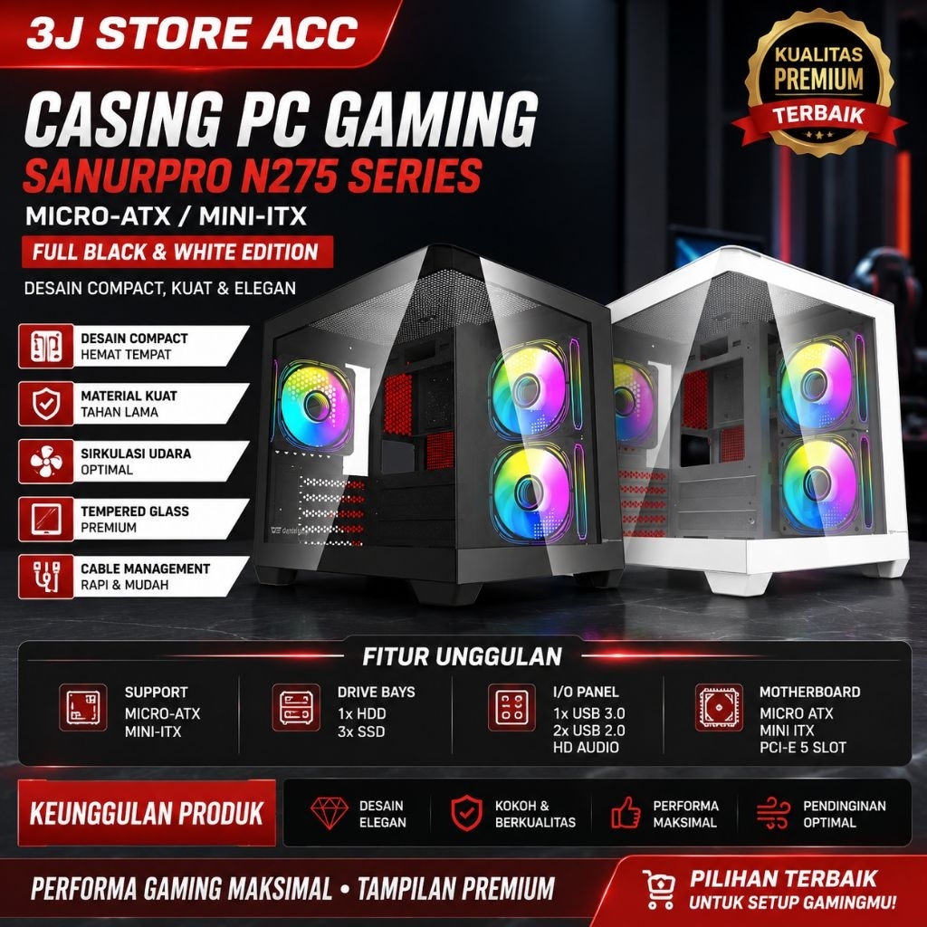 Casing PC Gaming Sanurpro N275 Series (Micro-ATX / Mini-ITX) – Tempered Glass Panel, Full Black & White Edition, Desain Compact Kuat dan Elegan