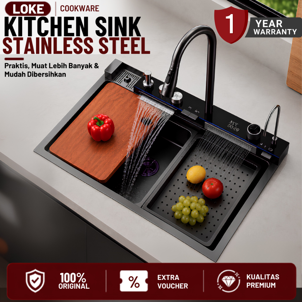 LOKE Kitchen Sink Wastafel Stainless Steel Bak Cuci Piring Wastafel Dapur Lengkap Tarik Adjustable