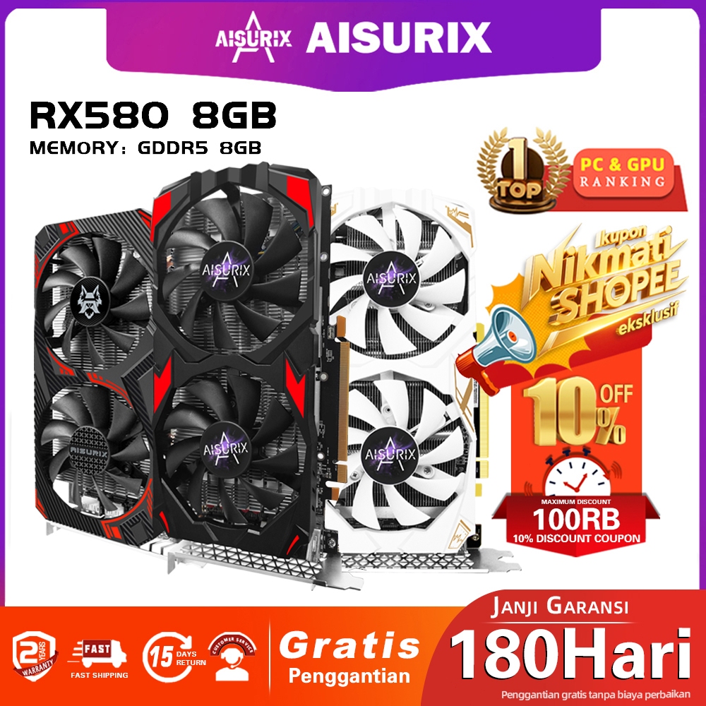 AISURIX VGA Card RX 580 8GB GDDR5 256Bit 2048SP HDMI PC Gaming AMD Radeon RX580 8G VGA