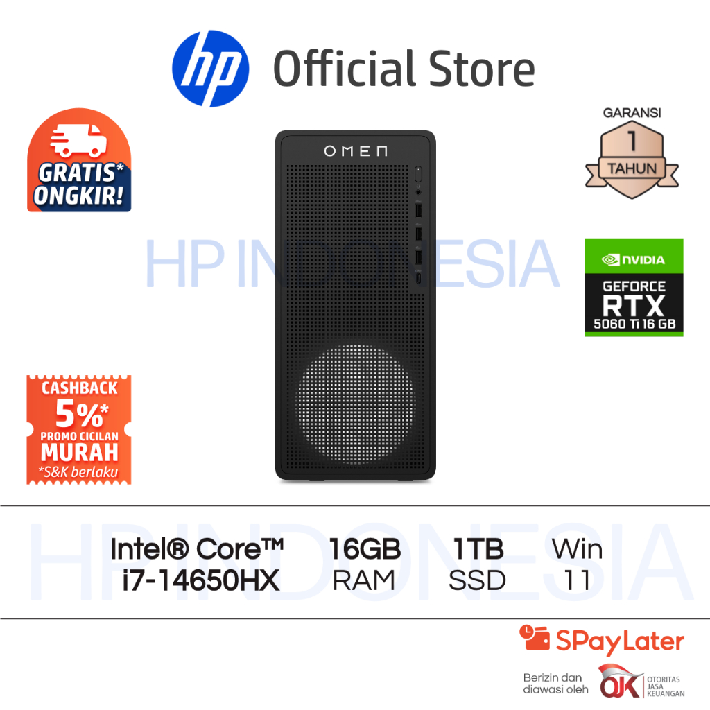 OMEN Gaming Desktop PC HP 16L TG03-1760d Intel Core i7 NVIDIA GeForce RTX 5060 16GB RAM 1TB SSD Windows 11 Garansi 1 Tahun Promo Murah Gratis Ongkir Official