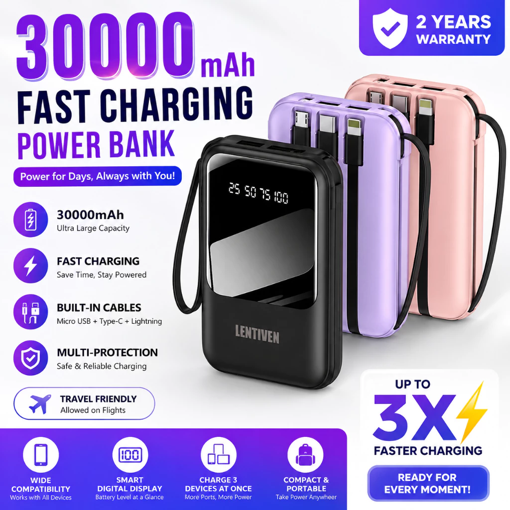 LIANGWE LENTIVEN Powerbank 30000mAh Mini With 4 Kabel Usb Fast Charging - foto 1
