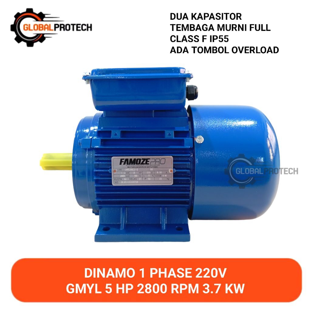 Dinamo 5 HP 2800 RPM Famoze Pro 1 Phase 3.7 KW 220V Electric Motor Penggerak Mesin Diesel Kompresor Mesin Cuci Motor Dll Tipe GMYL