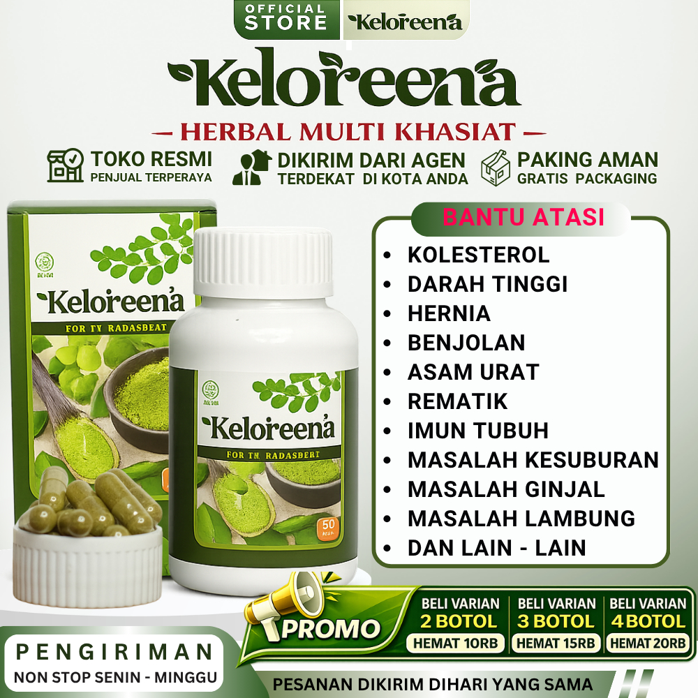 Keloreena Original 100% Asli Kapsul Daun Kelor Ekstrak Moringa Oleifera BPOM Dan Halal Obat Herbal Kolesterol Asam Urat Benjolan Hernia Darah Tinggi Ginjal Kencing Terus Menerus Asam Lambung Maag Stroke