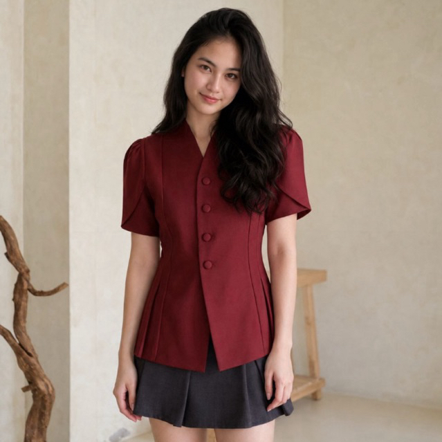 SVARA Top Peplum Wanita Semiwool Kancing Depan – Atasan Kerja Puff Tulip Sleeves Formal Casual Allsize Bigsize | KANYANA