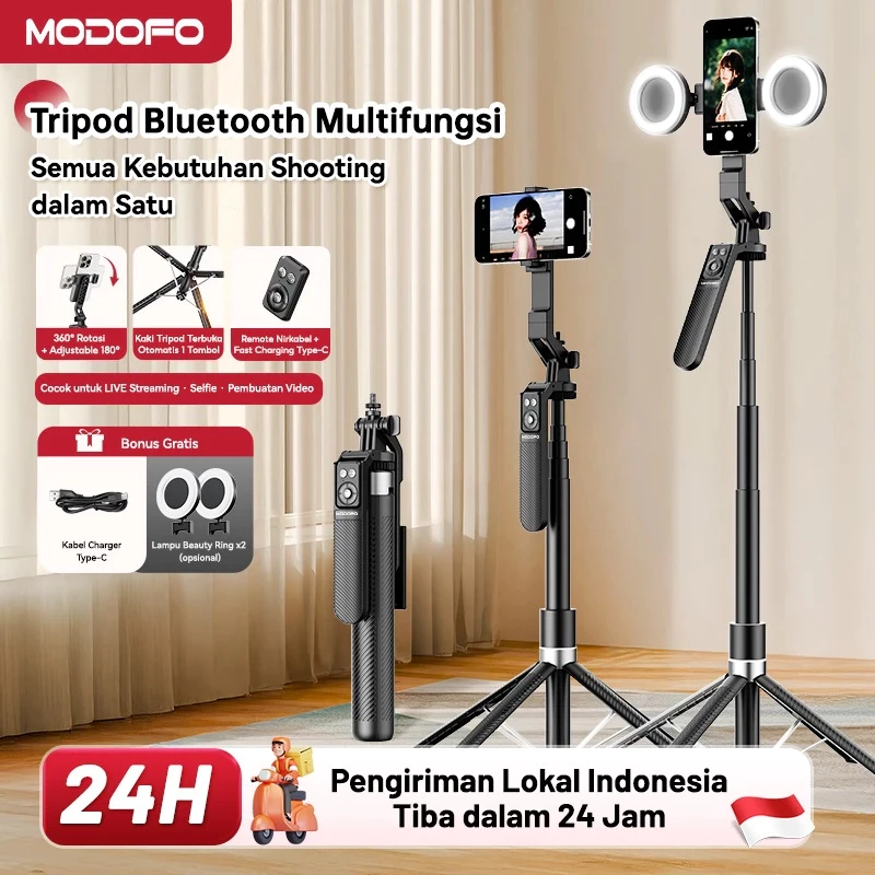 MODOFO tripod handphone 180CM bluetooth remote tripod konten kreator tripod hp Selfie Stick Aluminium tongsis tripod - foto 1