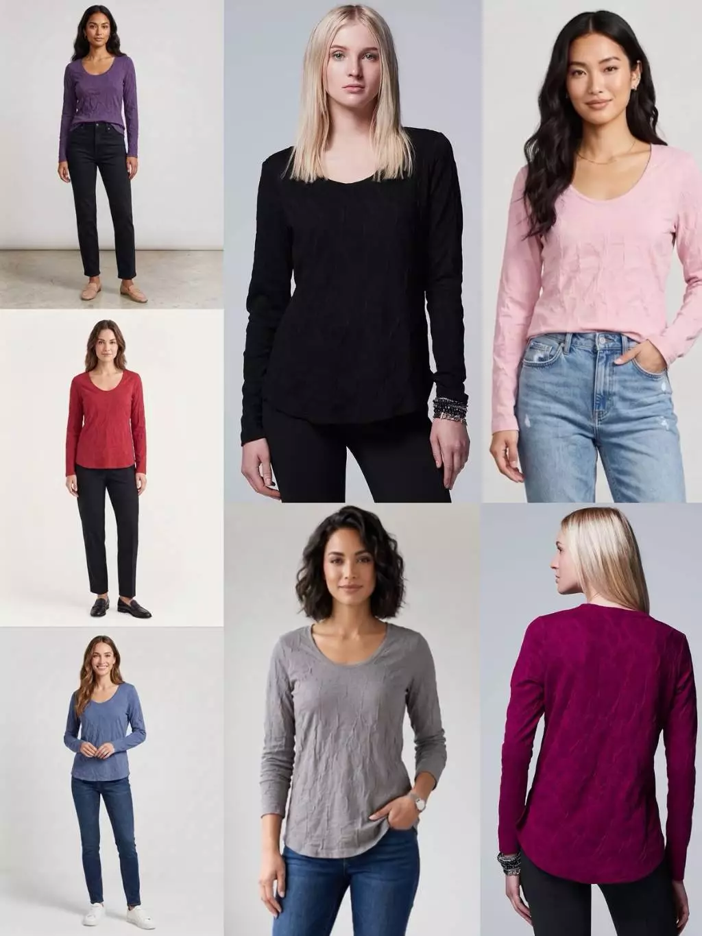 Atasan Lengan Panjang Wanita SVW Women's Textured Scoopneck Long-Sleeve Top - 2694