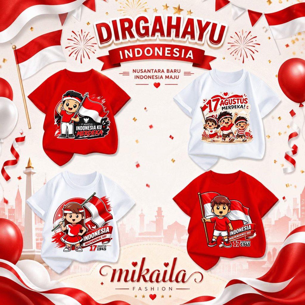 Kaos Anak Merah Putih 17 Agustus Kemerdekaan Indonesia 2-16th kaos Oblong Dirgahayu 2026 Merdeka